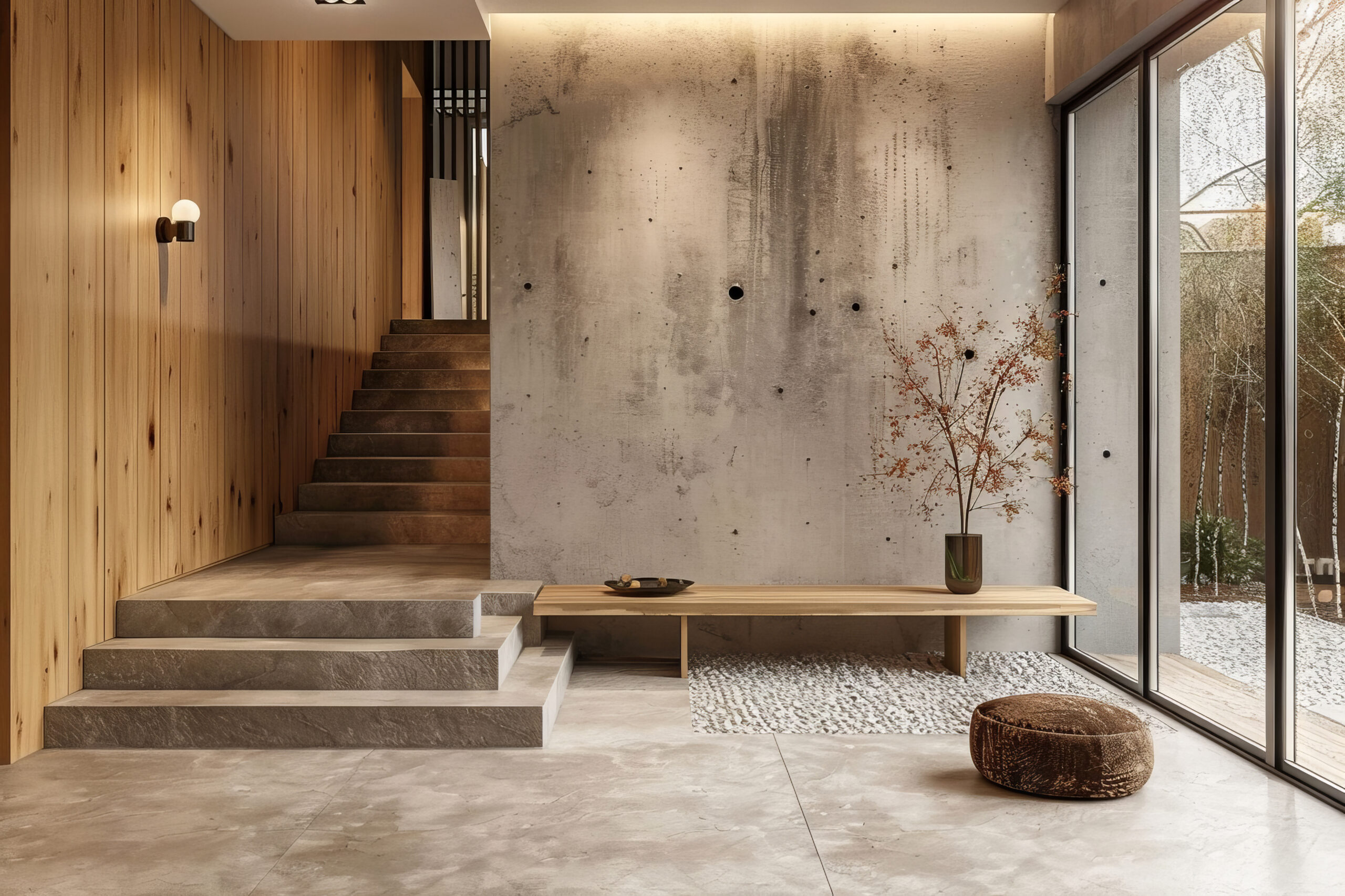 Interior stylish modern wooden entrance hallway decor with cozy wooden tone, contemporary home with furniture desk, stand and shoe bench.